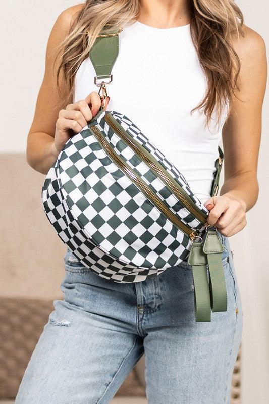Leena Double Zipper Crossbody Bag | Eucalyptus Check
