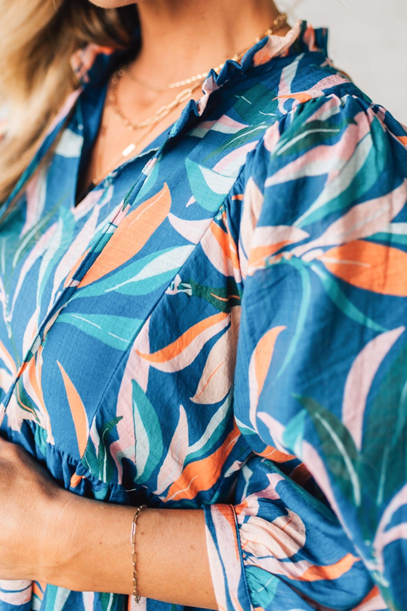 Leafy Print Keyhole Neckline Dress