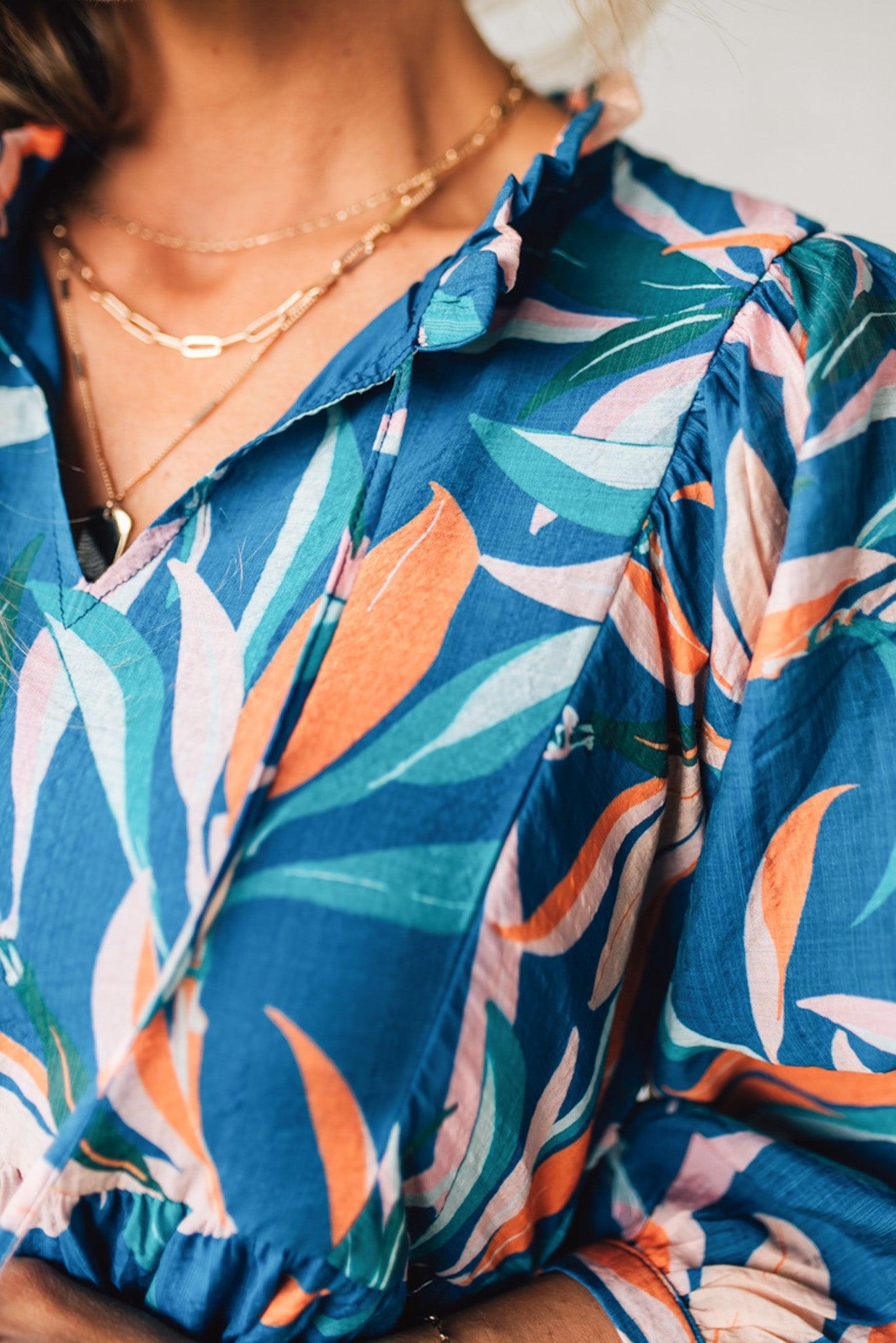Leafy Print Keyhole Neckline Dress