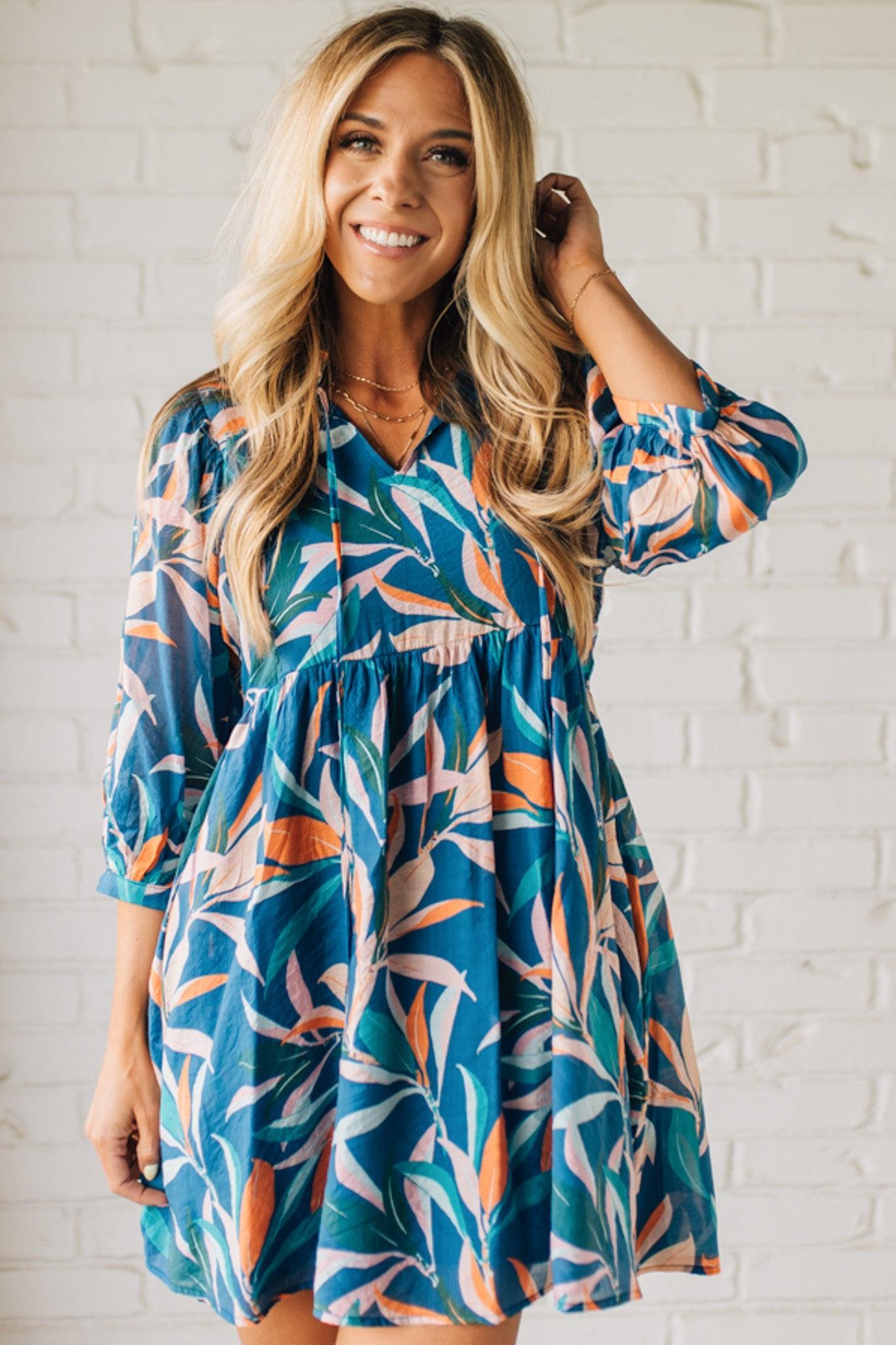 Leafy Print Keyhole Neckline Dress