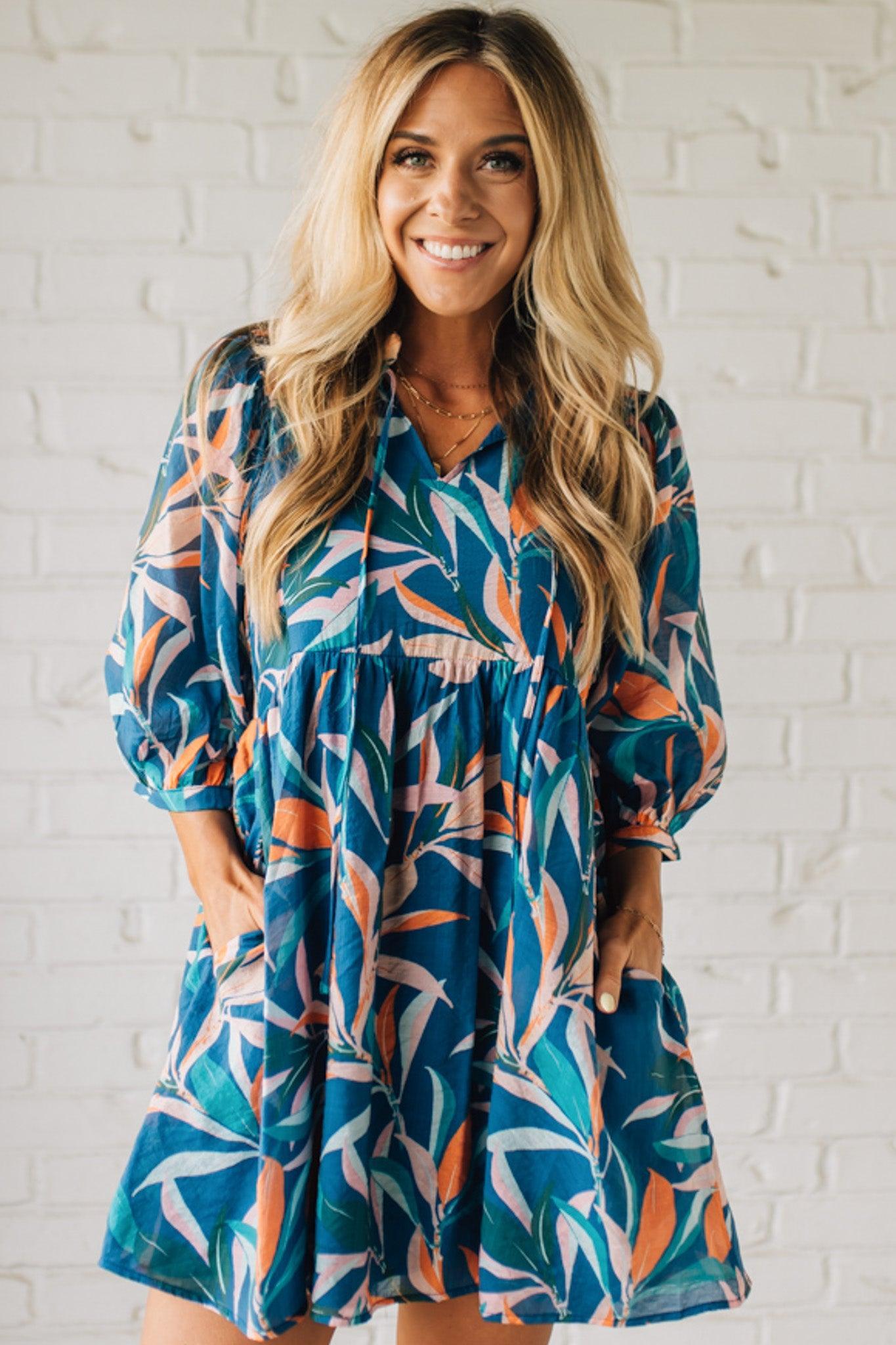 Leafy Print Keyhole Neckline Dress
