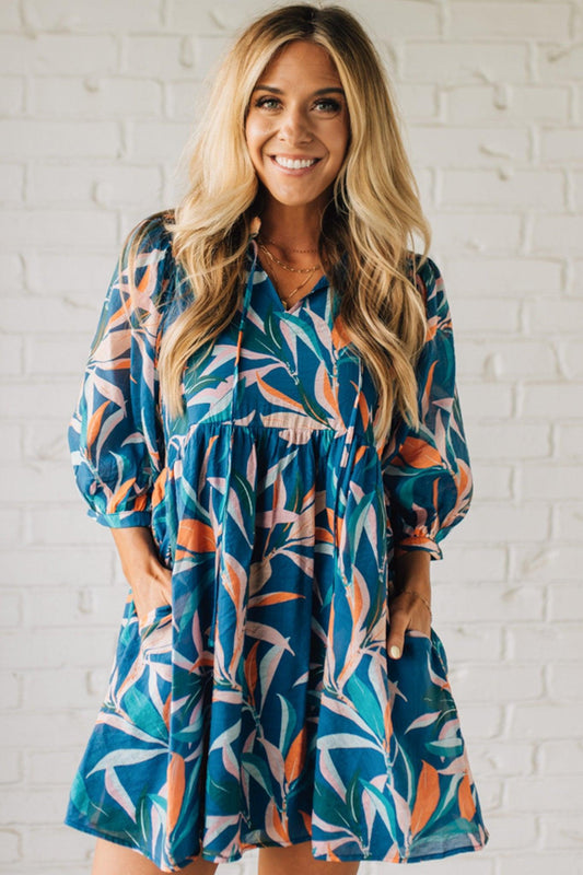 Leafy Print Keyhole Neckline Dress