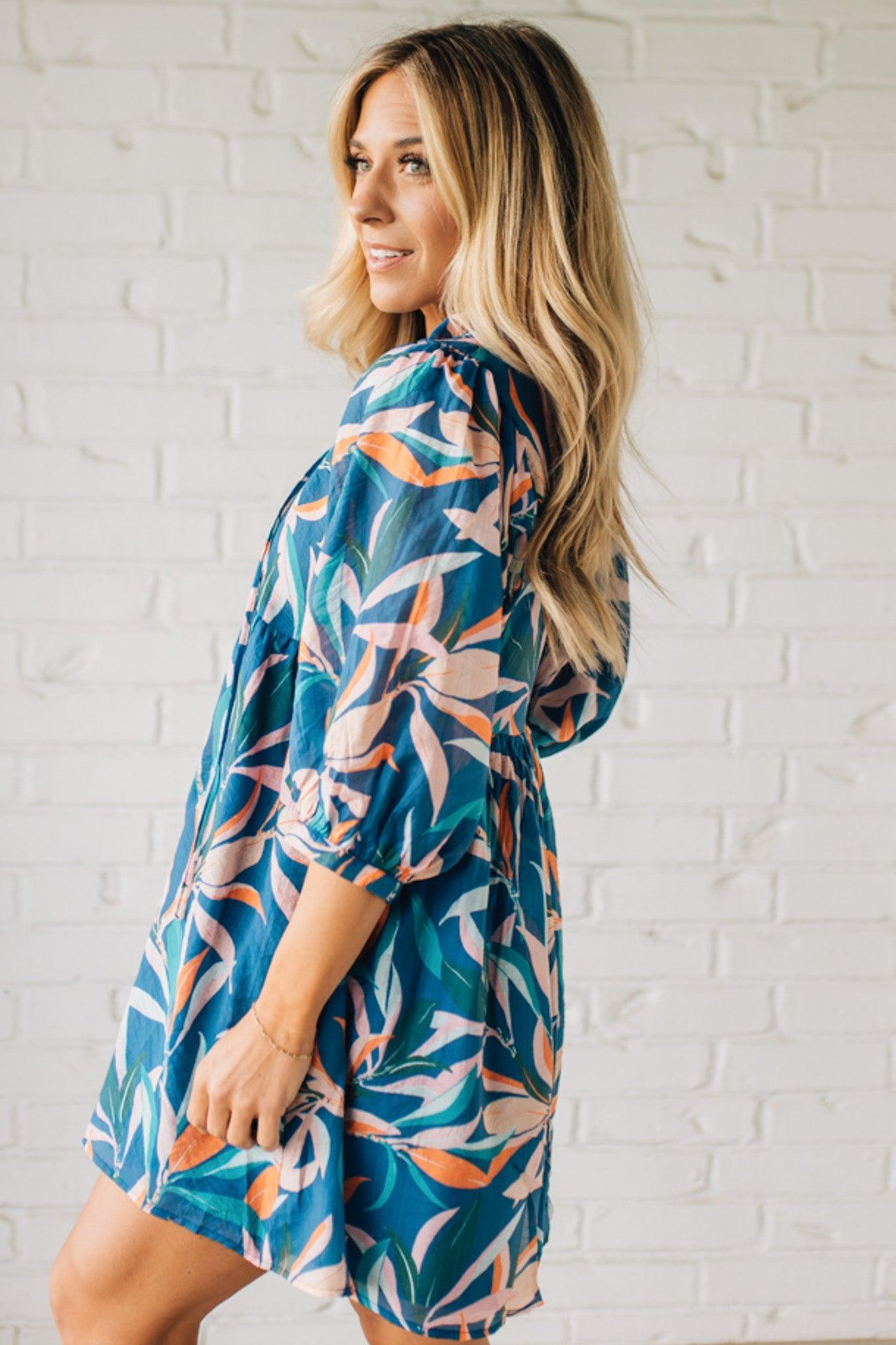 Leafy Print Keyhole Neckline Dress