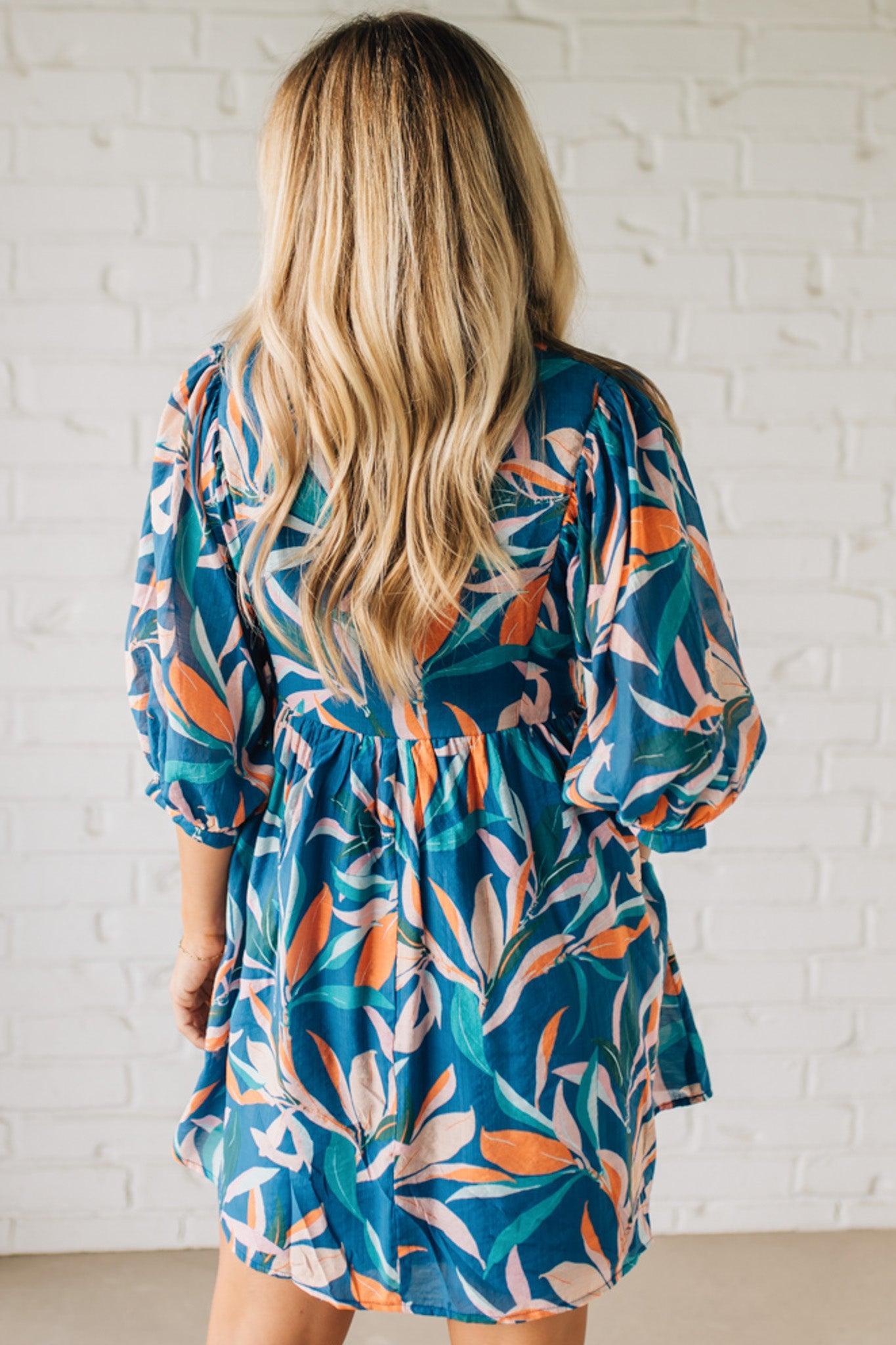Leafy Print Keyhole Neckline Dress
