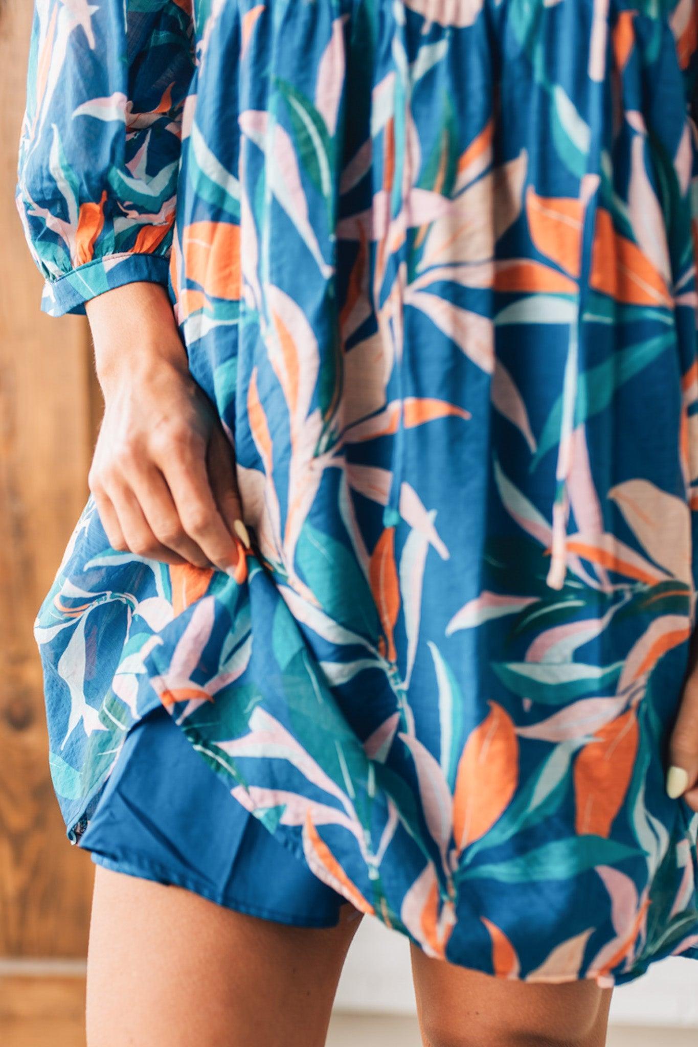 Leafy Print Keyhole Neckline Dress
