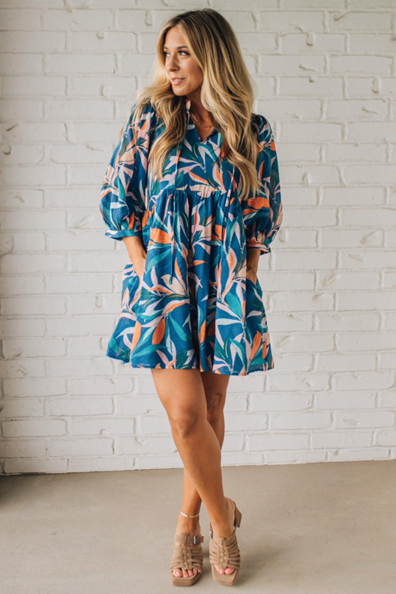 Leafy Print Keyhole Neckline Dress