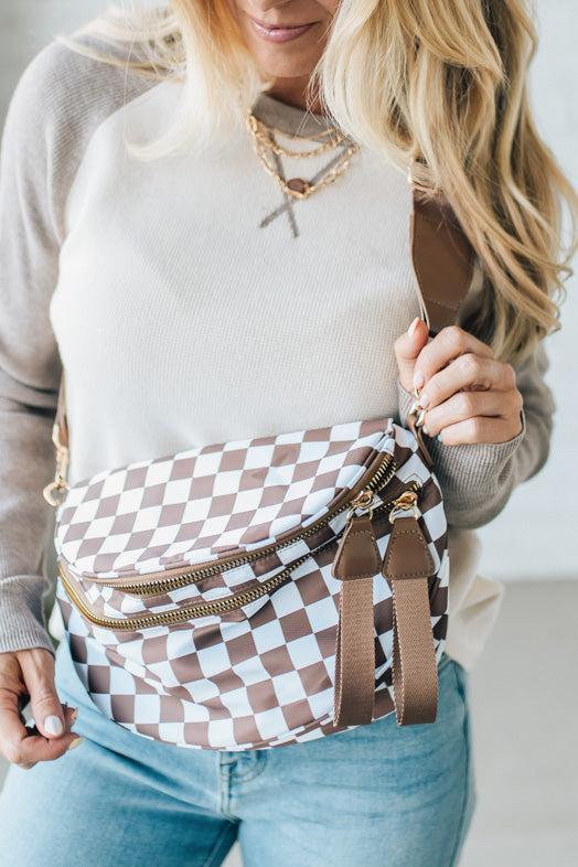 Leena Double Zipper Crossbody Bag | Mocha Check