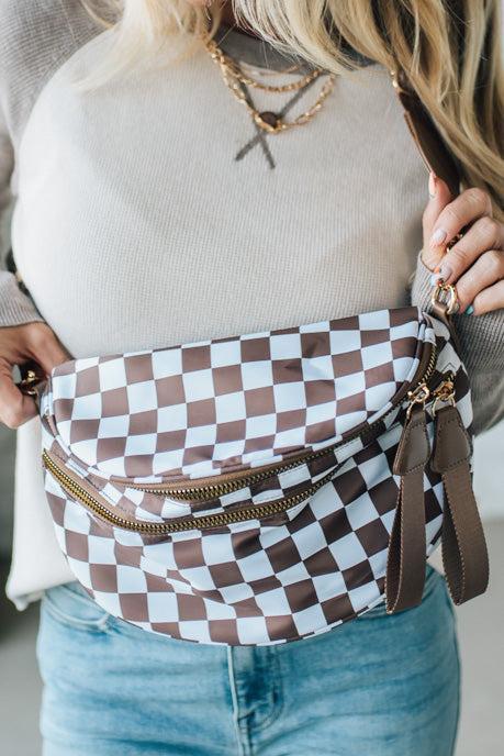 Leena Double Zipper Crossbody Bag | Mocha Check