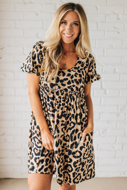 Leopard Tie Back Puff Sleeve Dress