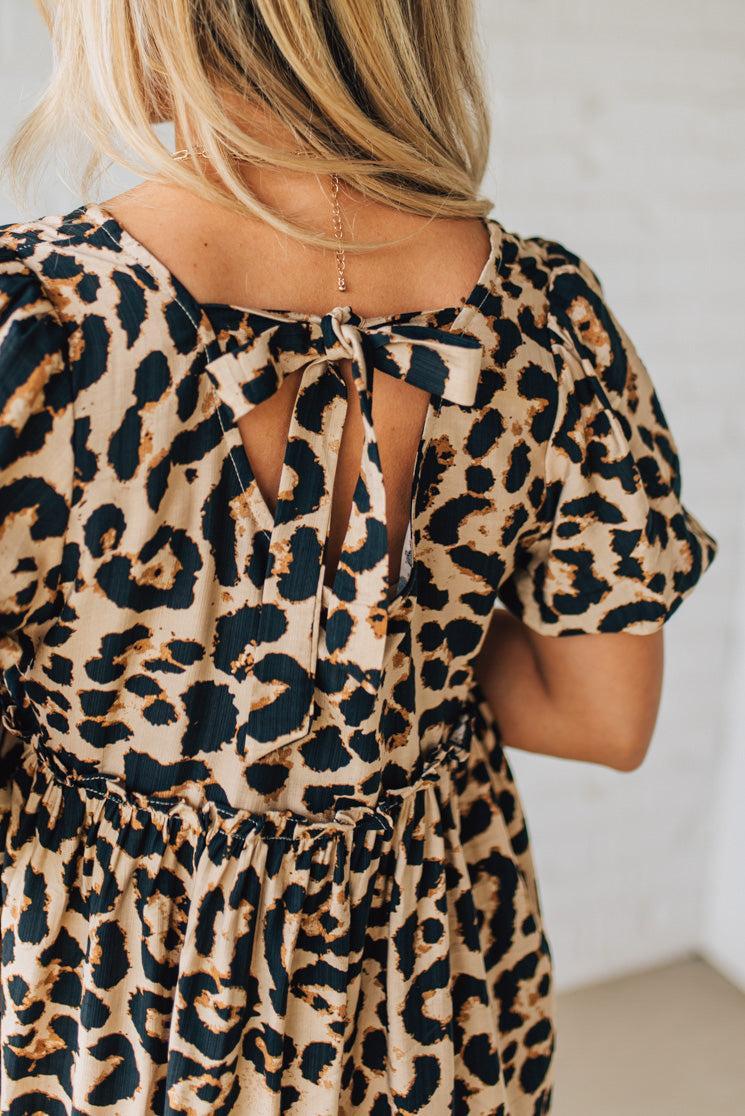 Leopard Tie Back Puff Sleeve Dress