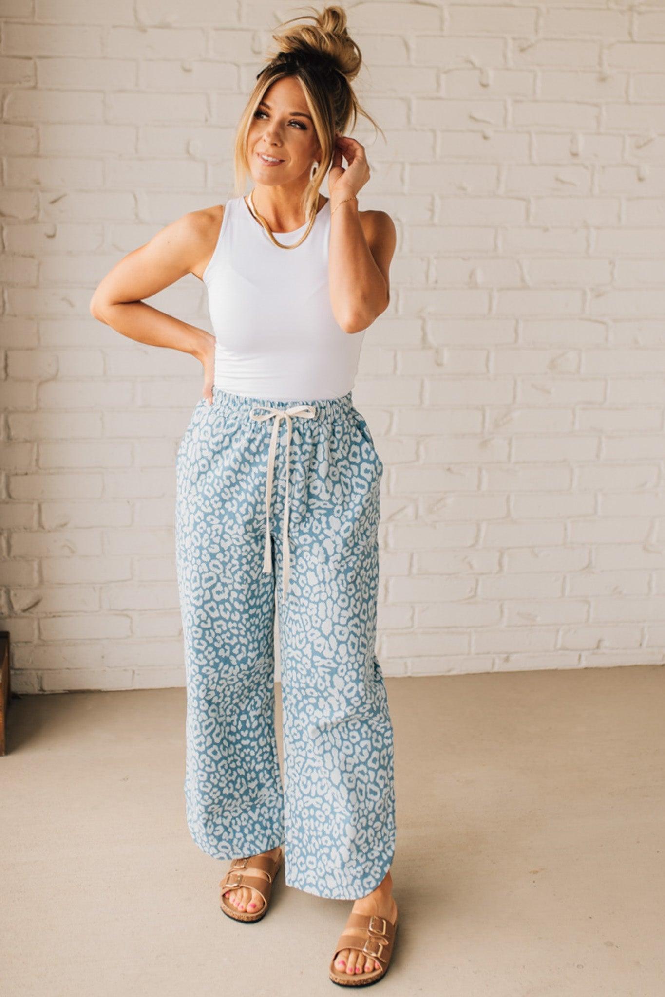 Leopard Washed Denim Drawstring Pants