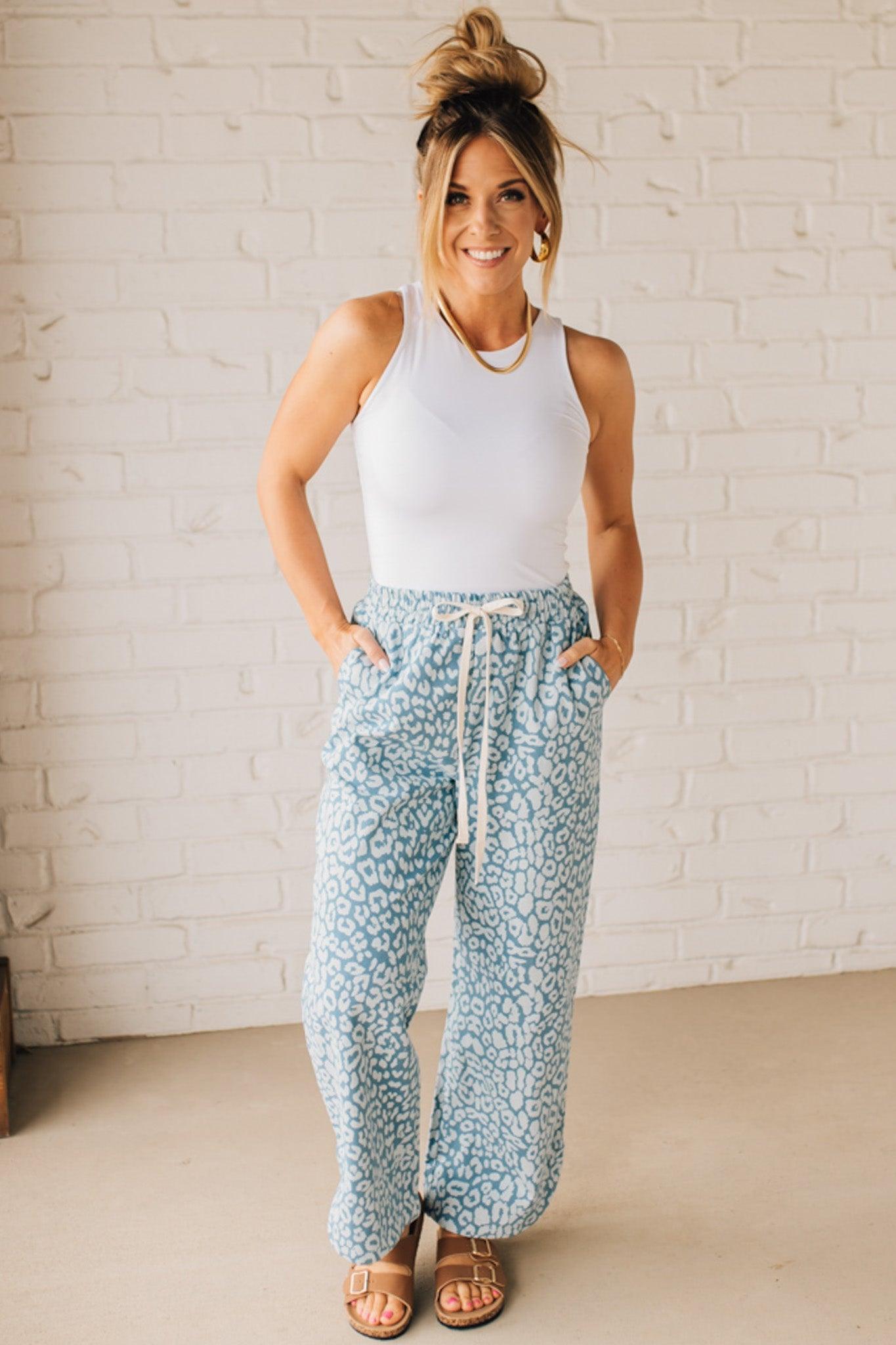 Leopard Washed Denim Drawstring Pants