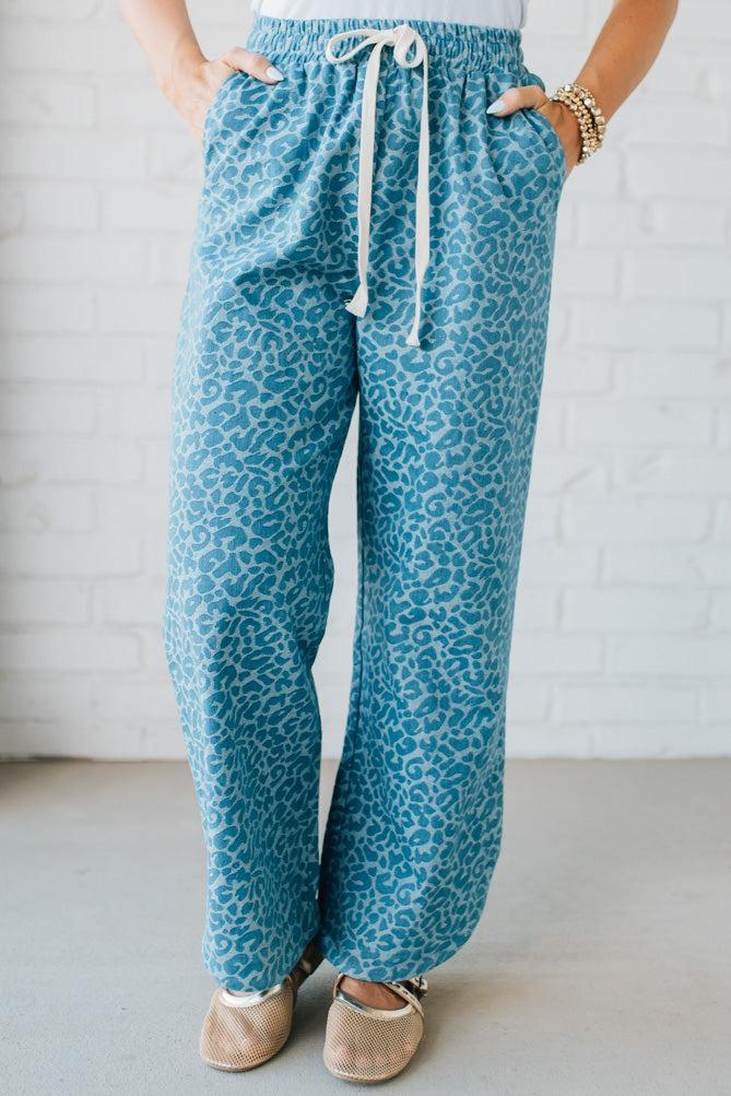 Leopard Washed Denim Drawstring Pants