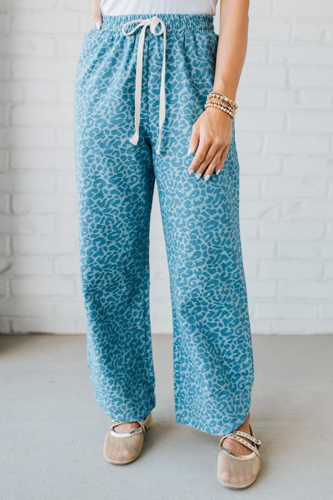 Leopard Washed Denim Drawstring Pants