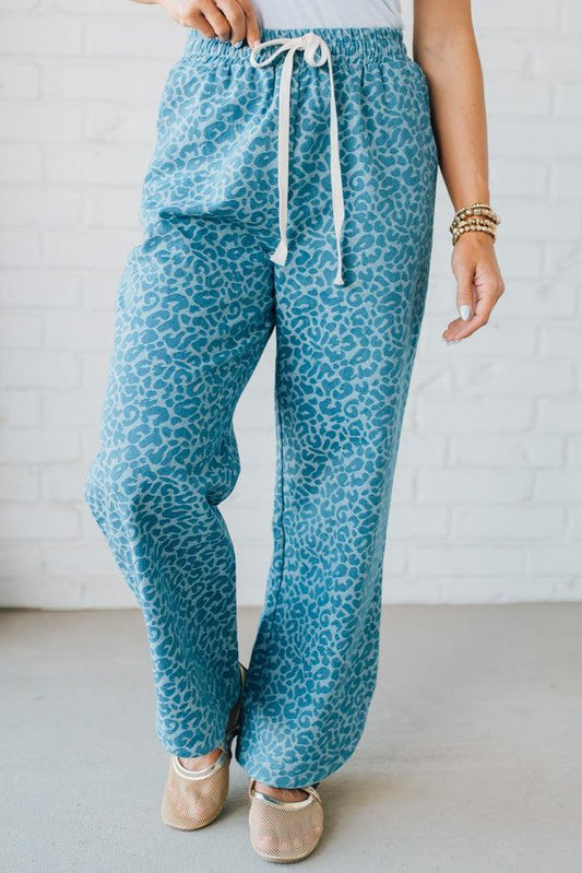 Leopard Washed Denim Drawstring Pants