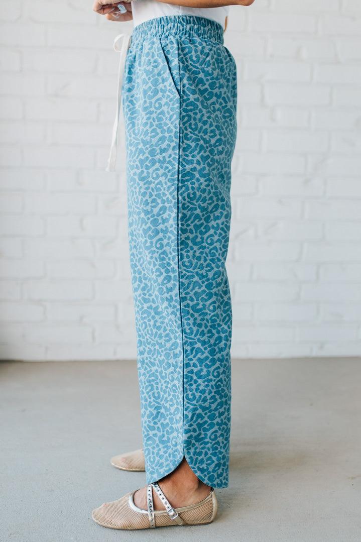 Leopard Washed Denim Drawstring Pants