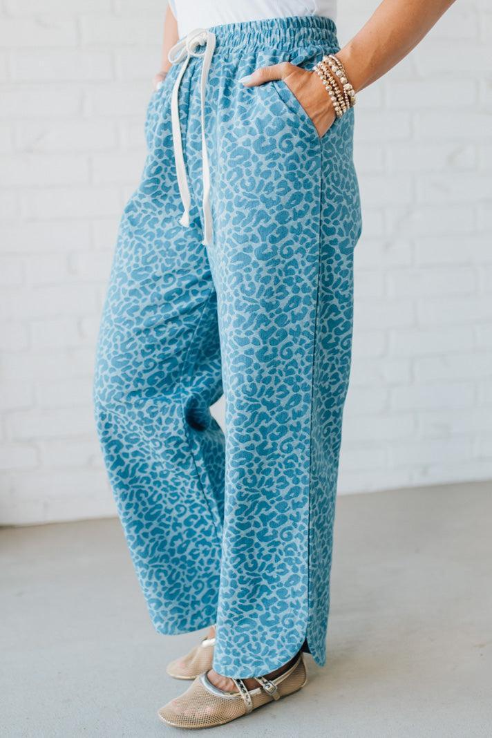 Leopard Washed Denim Drawstring Pants